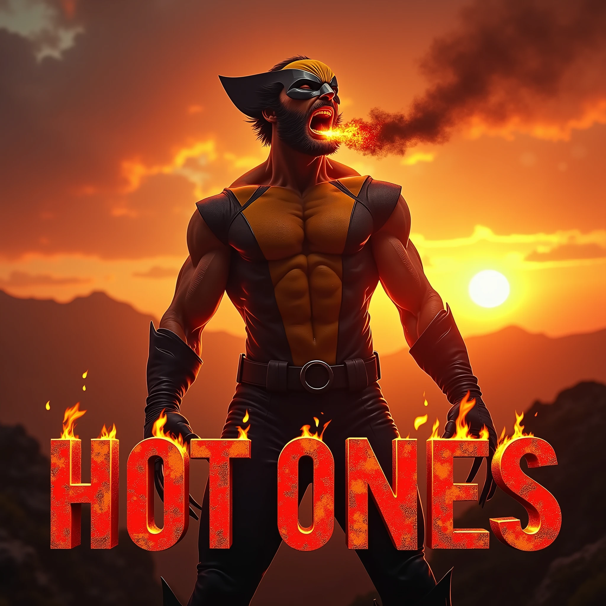 Wolverine amidst a fiery sunset backdrop with retro vibes. The actors' mouth agape, still smoldering from scorching hot wings. Flames dance on his lips as he exhales a fireball. A crimson-red palette surrounds them, punctuated by black accents, shrouded in enticing shadows, evoking a gothic fantasy. 3D text in fiery red font declares "HOT ONES" with a cheeky touch, while distressed details add ruggedness to the design's edgy feel.