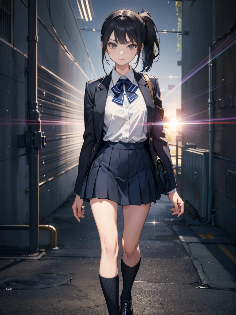 (masterpiece, best quality:1.2), 8k, official art, raw photo, absurdres, thin line, (school uniform, upper body, thigh high socks, thighs:1.4), from below, beautiful girl, close up face, pretty face, short sleeve, arch back, (navy pleated skirt:1.2), teen, street, looking at viewer, film grain, chromatic aberration, sharp focus, night, facelight, dynamic lighting, cinematic lighting, (extreme detailed, ultra detailed, finely detail:0.8), detailed eyes and face, (bokeh background:1.3), black hair, black thigh high socks