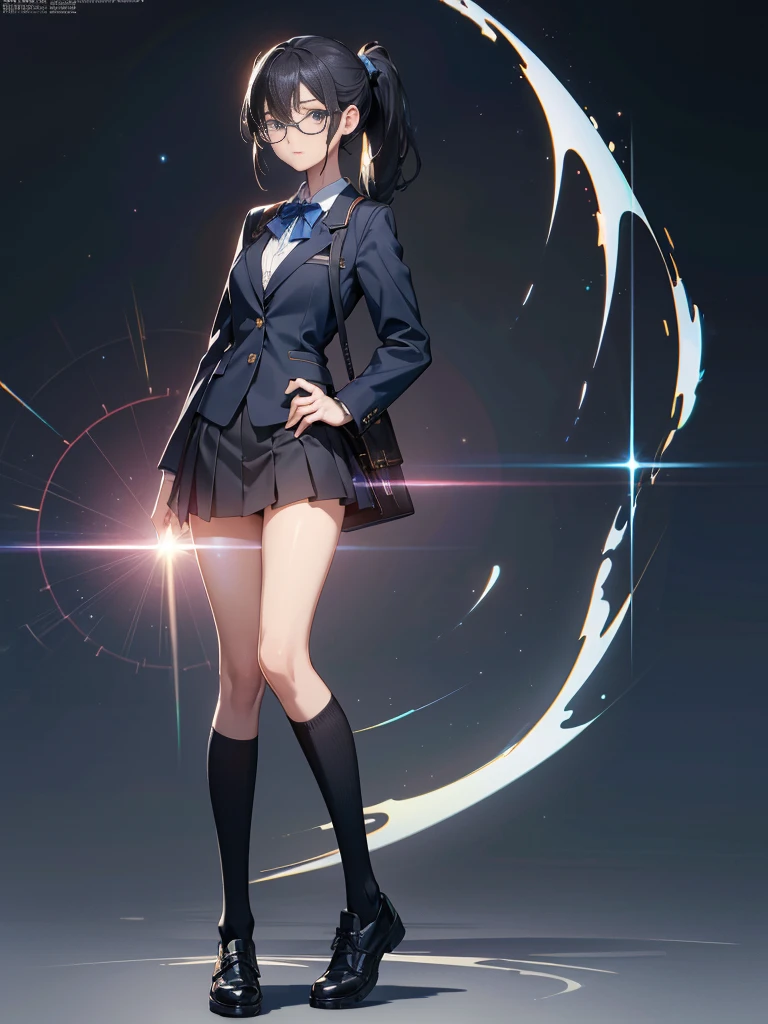 One person, ponytail, Black Hair, Slender body,Thin chest,Slanted Eyes, Vaguely, height: 155cm,Illustration effect, High School Uniform,Navy Blue Blazer,White blouse,Gray knee-length flared skirt,Navy blue knee socks,Black shoes,Box Backpack,High resolution, masterpiece, Accurate, Anatomically correct, number々Awards for, Highest quality, Corruption, detailed, High resolutionモデル, 高いdetailed, retina, Very detaileded, Textured skin, 超High resolution, sight, Background Blur, Lens flare, Anatomically correct, Anime Style, 