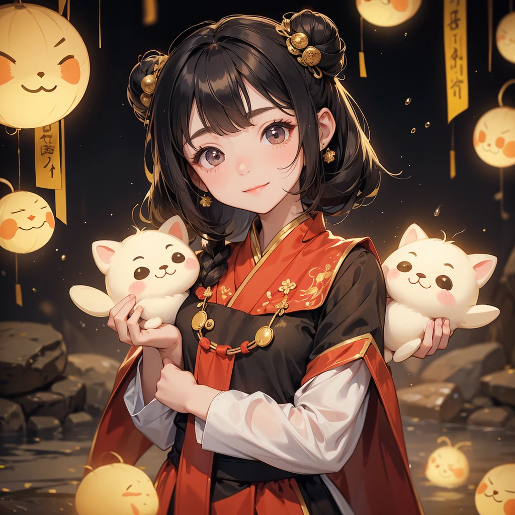 A chibi child girl had a small face and Wearing a little Taoist priest's outfit. A pair of big round eyes shone with curiosity about him. This child was so cute!, Burning joss paper and gold paper for the departed spirits in front of the house, raindrops are falling down, her hair is black with two buns on her hair.small chibi, chibi baby, smiling.
The little chibi baby looked up with his chest raised, and his face was old and proud.