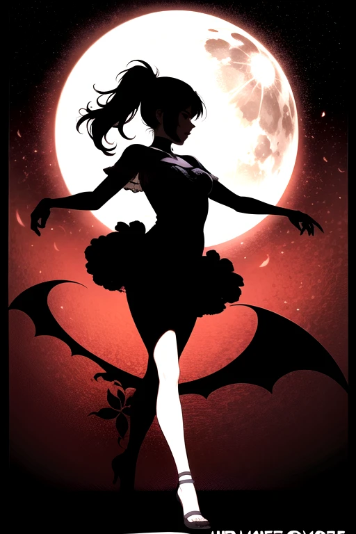Vintage style poster,young woman dancing to music, silhouette,black red and gray colors,bat's flying, flower's,stars and moon