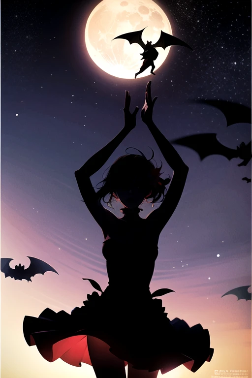 Vintage style poster,young woman dancing to music, silhouette,black red and gray colors,bat's flying, flower's,stars and moon 