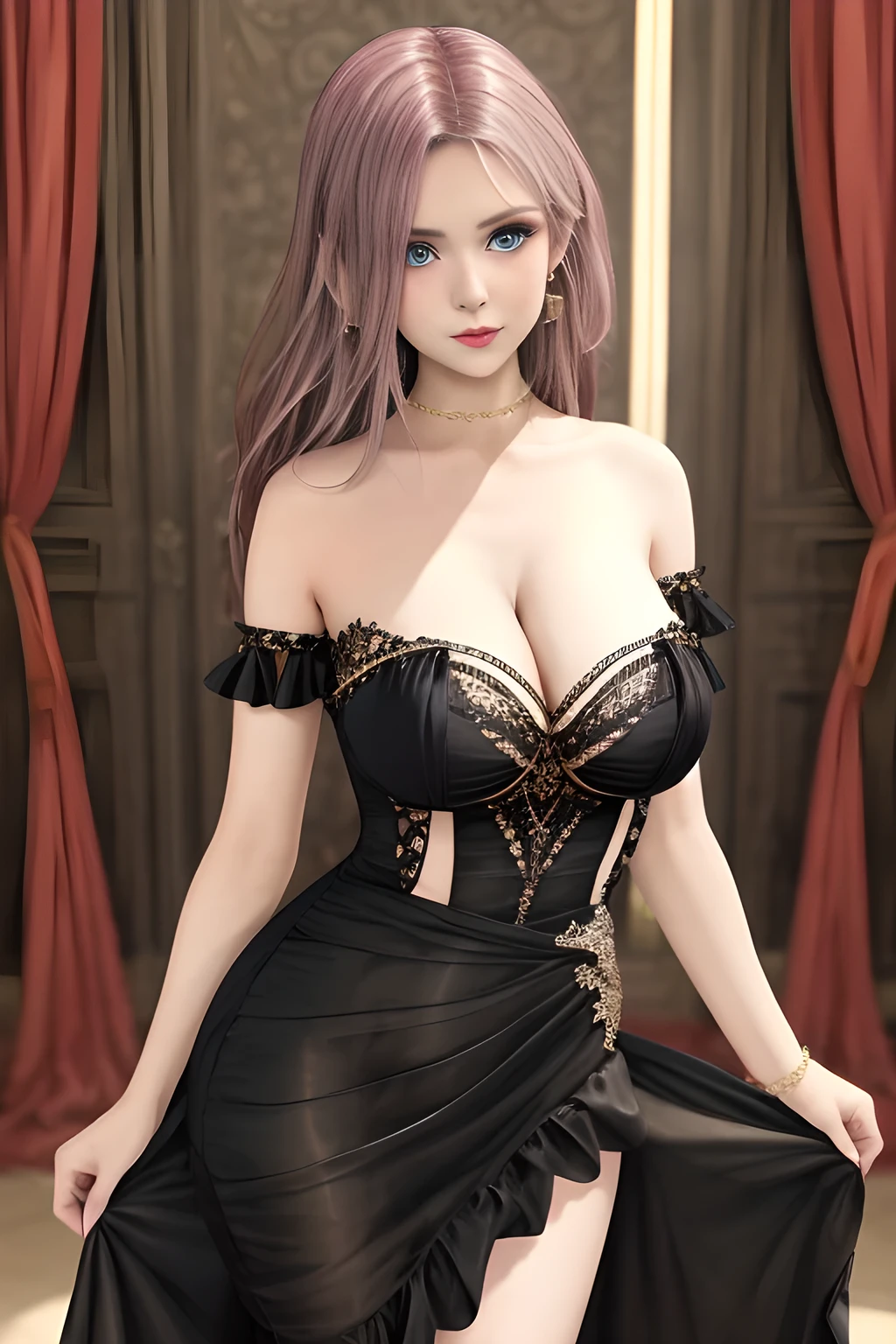 1girl ,flirtatious expression, wearing an elegant black strapless dress. The perspective-dress is beautifully designed with ruching on the bodice and a cascading ruffled asymmetrical hem, adding a playful and chic touch to the outfit. The person is standing upright, with one hand gently touching their leg and the other hand relaxed by their side. The background is plain and neutral, drawing attention to the dress itself. The lighting is soft, highlighting the details of the dress and creating a fashionable and stylish atmosphere,, huge breasts, elise