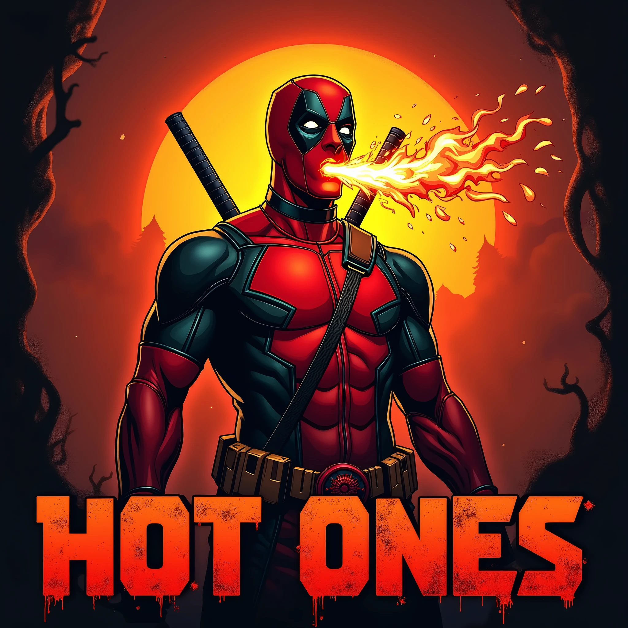 Deadpool amidst a fiery sunset backdrop with retro vibes. The actors' mouth agape, still smoldering from scorching hot wings. Flames dance on his lips as he exhales a fireball. A crimson-red palette surrounds them, punctuated by black accents, shrouded in enticing shadows, evoking a gothic fantasy. 3D text in fiery red font declares "HOT ONES" with a cheeky touch, while distressed details add ruggedness to the design's edgy feel.