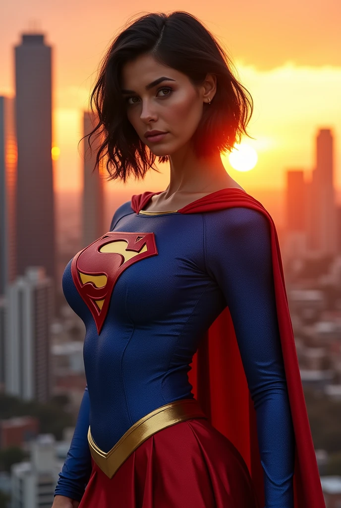 Alison Tyler short black hair defined body big breasts, vestindo cosplay de Supergirl