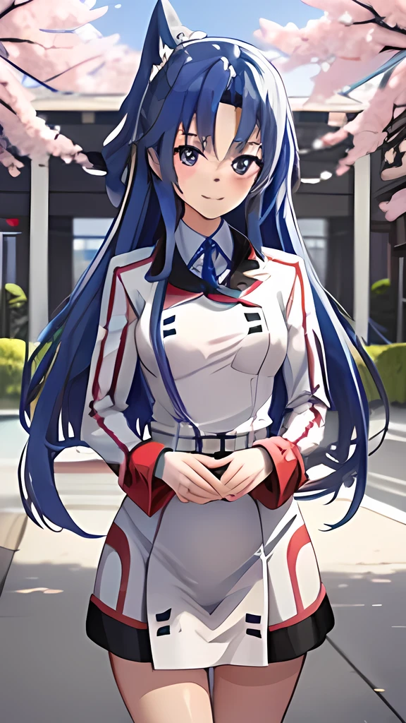 high resolution,Blue Hair、long hair,smile,A high school student in uniform、walking in front of the school building where cherry blossoms bloom、Cowboy Shot