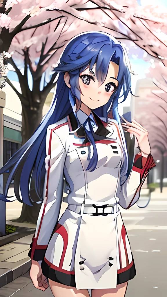 high resolution,Blue Hair、long hair,smile,A high school student in uniform、walking in front of the school building where cherry blossoms bloom、Cowboy Shot