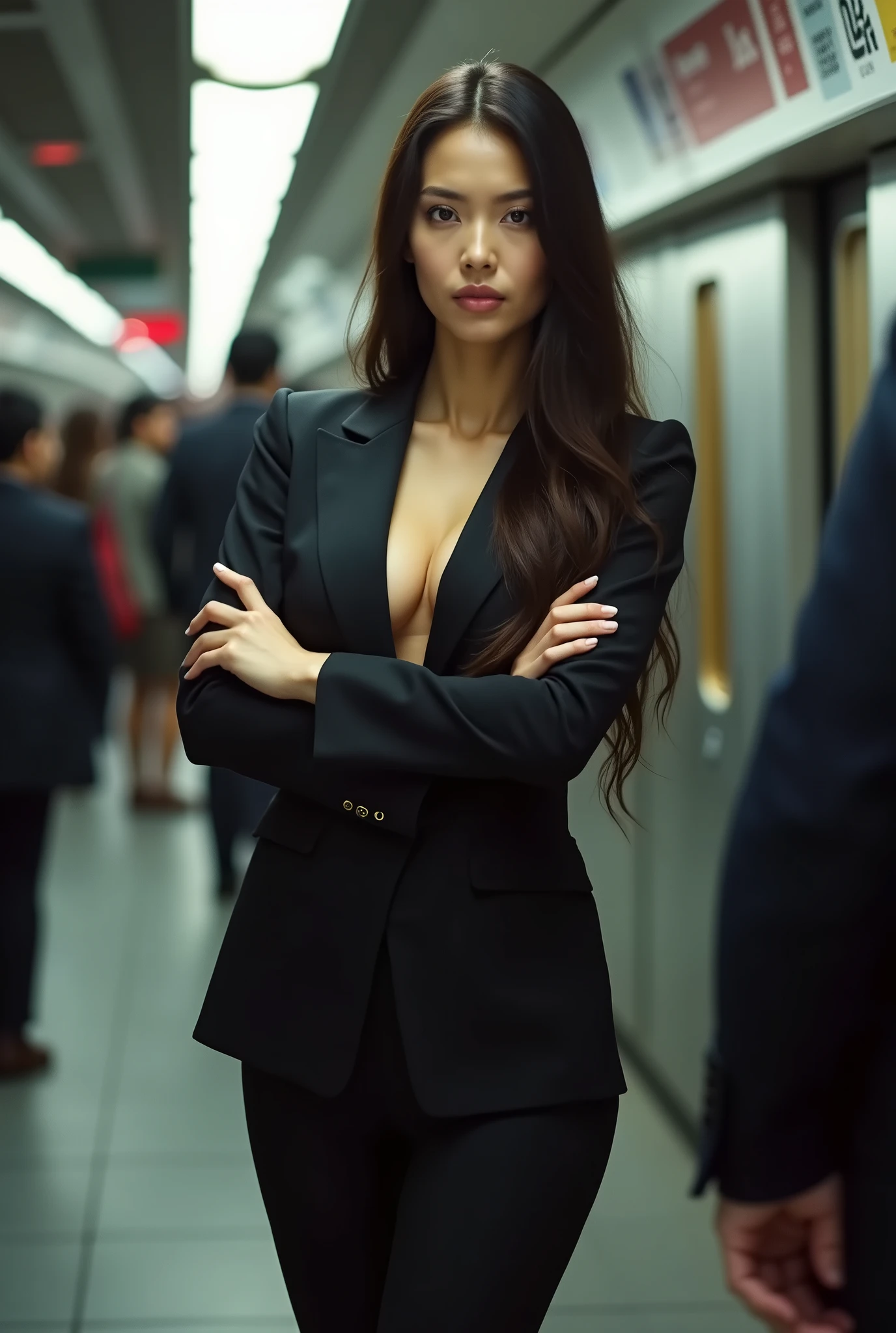 26 year old beautiful busty asian woman,Highest vulgarity image quality、realistic、16K、vulgarity face、cute、curly hair、muscular,Standing、OL in the subway、navy mini skirt suit、whole body、Annoyed、panoramic、show me your long legs、Photographed quite far away、whole body姿、arms folded、Full body、