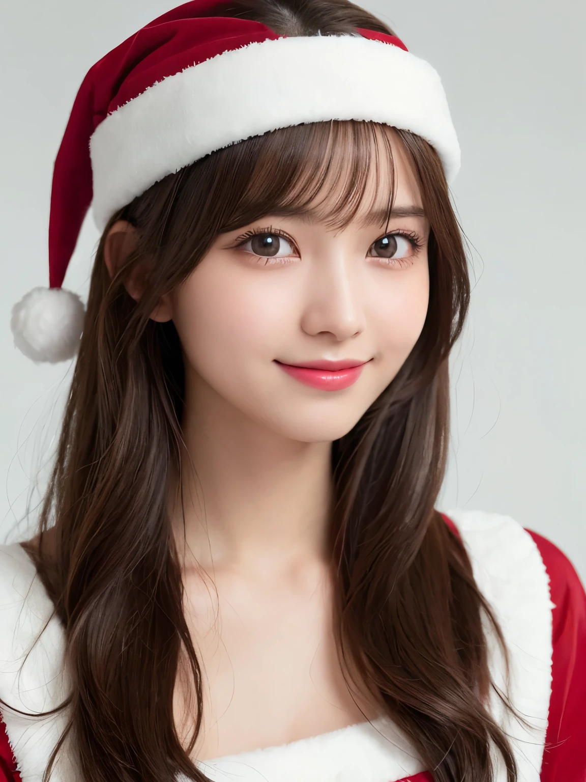 white background, half body portrait, bust shot, looks very happy, smile, one girl, (a beauty girl, delicate girl:1.3), (20 years old:1.3), (wear Santa Claus clothes), very fine eyes, (symmetrical eyes:1.3), F cup breasts, brown eyes, parted bangs, short hair, brown hair, (eyes and faces with detailed:1.0), (masterpiece, best quality, ultra detailed, detailed face, 8k)