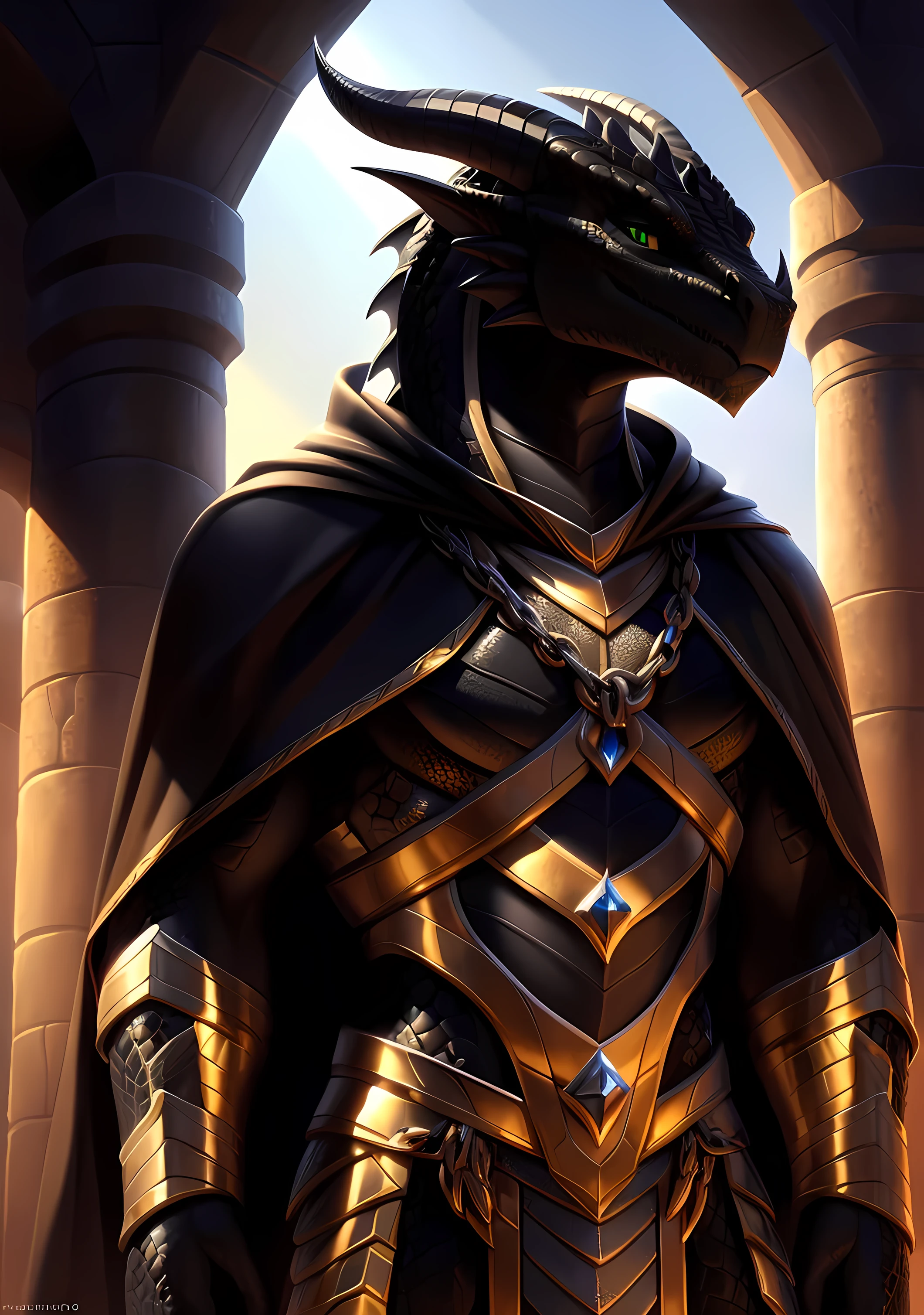 Realistic, detailed, beautiful, masterpiece, HDR, castle interior background, fantasy setting, king, ((gold armor, gold breast plate, chain mail, gold pauldrons, gold greaves, gold leg armor, wearing gold armor, black robes, black cloak, wearing black robes and cloak)) dragon, anthro, male, male body, black skin, (black scales:1.9), (two long thin horns:1.3), green eyes, detailed eyes, perfectly shaped body, confident majestic pose, finger black claws, masculine facial features, seductive gaze, neutral facial expression, black pointed ears, standing tall, out doors, daytime, close-up, portrait, face focus,
(detailed Bonifasko lighting), (detailed scales), (detailed skin), (male dragonborn), BREAK, ((long flowing tail)), ((facing viewer)), (cinematic lighting), ((detailed background)), ((portrait view)), (((close-up))), (good lighting), [backlighting], [crepuscular ray], [detailed ambient light], [gray natural lighting], [ambient light on the belly], (higher wildlife feral detail), [explict content], [sharp focus], (questionable content), (shaded), ((masterpiece)), furry dragonborn, reptilian face, furry Fantasy Art, furry Art, Commission for High Res, anthro Art, POV furry Art,Sakimichan beautiful, masterpiece, best quality, detailed image, bright colors, detailed face, perfect lighting, perfect shadows, perfect eyes, green eyes, flawless face, face focus, (masterpiece:1.21), (best quality:1.2), (illustration:1.2), (cinematic lighting:1.3), detailed scales, balanced coloring, global illumination, ray tracing, good lighting, scales, anthro, well lit 