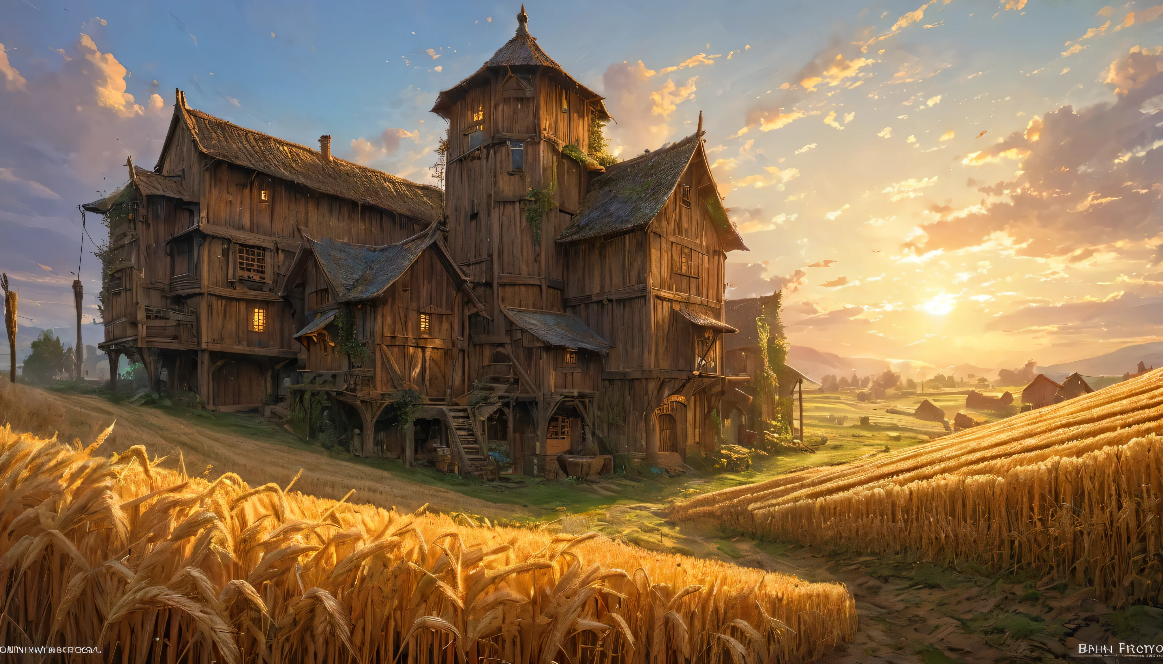 (anime, fantasy, granary ), (detailed CG unity 8k wallpaper, masterpiece, best quality, ultra-detailed, HDR:1.2), a granary of a farm, stacks of wheat, medieval farm, medieval. {unique shape}, vibrant color, intricate, ethereal lighting. From Brian Froud and Carne Griffiths and Wadim Kashin and John William Waterhouse
