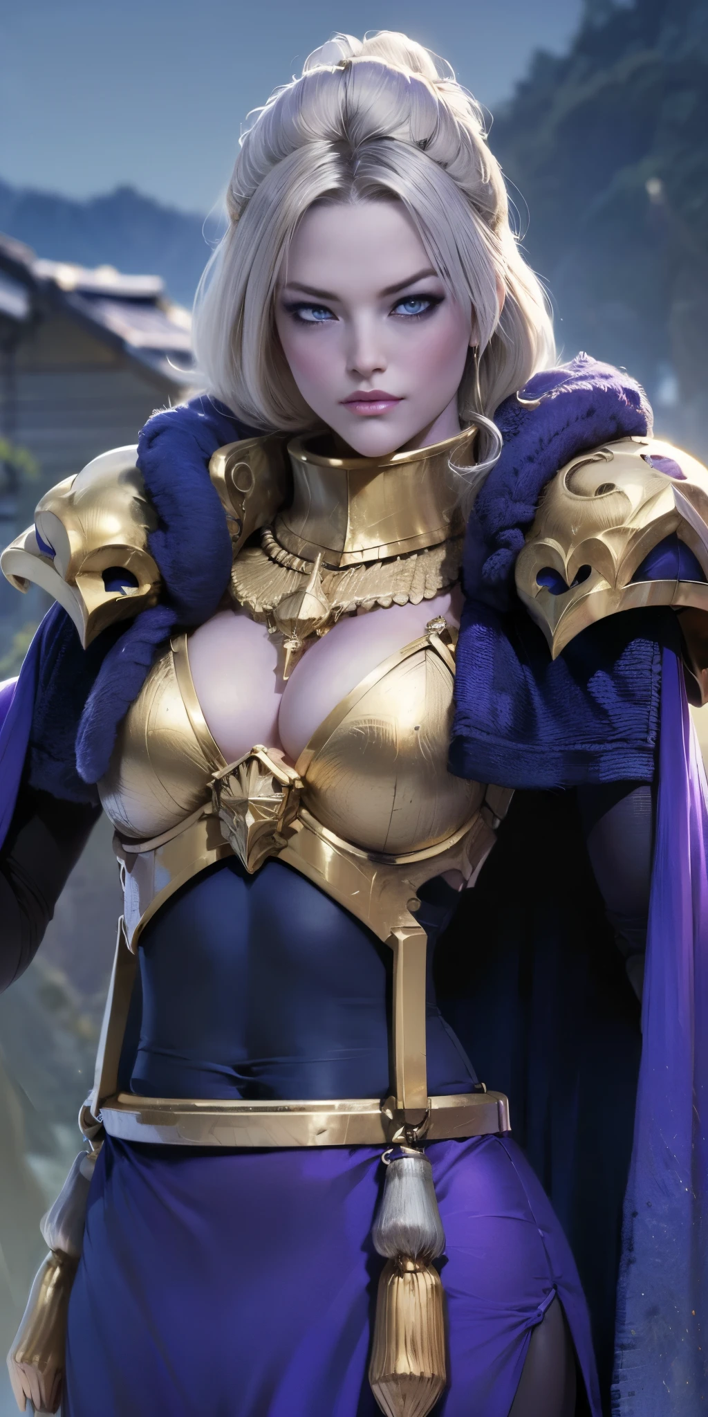 (chest covered)(smile)Gray skin, pale golden hair and violet eyes. They prefer clothing of white and silver with cloaks of deep blue or purple,village background, huge_knockers, ((very precise detailed)), ((highres)