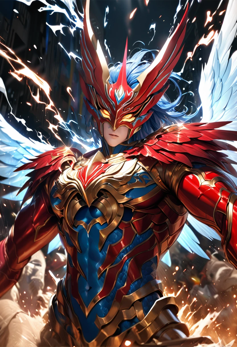 Ultra realistic, high detail,, ,absurdres, highres, ultra detailed, HDR, masterpiece, extremely detailed face and eyes,,,red and white saint Seiya knight , epic eagle garuda mask, cool wings,  , solo, man, handsome, ,, , Epic fight scene, black splashing effect,black lightning effect,glowing glitters, explosive effect