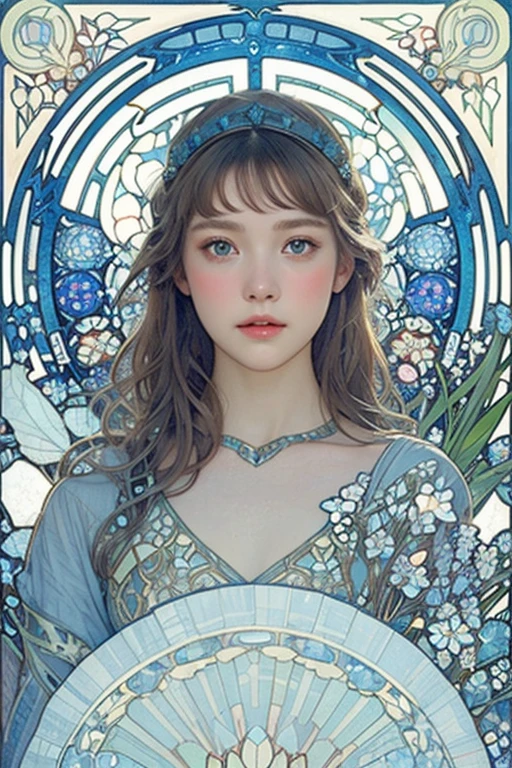 Beautiful woman、White and blue dress、(((Mucha's style)))、Pastel drawing