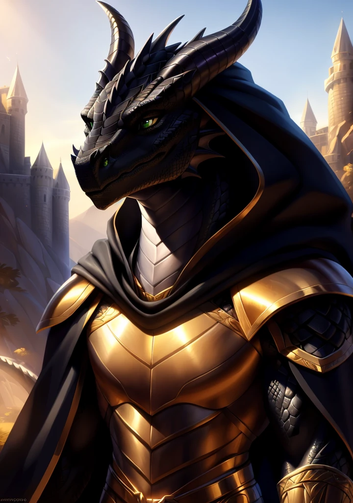 Realistic, detailed, beautiful, masterpiece, HDR, castle interior background, fantasy setting, king, ((gold armor, gold breast plate, chain mail, gold pauldrons, gold greaves, gold leg armor, wearing gold armor, black robes, black cloak, wearing black robes and cloak)) dragon, anthro, male, male body, black skin, (black scales:1.9), (two long thin horns:1.3), green eyes, detailed eyes, perfectly shaped body, confident majestic pose, finger black claws, masculine facial features, seductive gaze, neutral facial expression, black pointed ears, standing tall, out doors, daytime, close-up, portrait, face focus,
(detailed Bonifasko lighting), (detailed scales), (detailed skin), (male dragonborn), BREAK, ((long flowing tail)), ((facing viewer)), (cinematic lighting), ((detailed background)), ((portrait view)), (((close-up))), (good lighting), [backlighting], [crepuscular ray], [detailed ambient light], [gray natural lighting], [ambient light on the belly], (higher wildlife feral detail), [explict content], [sharp focus], (questionable content), (shaded), ((masterpiece)), furry dragonborn, reptilian face, furry Fantasy Art, furry Art, Commission for High Res, anthro Art, POV furry Art,Sakimichan beautiful, masterpiece, best quality, detailed image, bright colors, detailed face, perfect lighting, perfect shadows, perfect eyes, green eyes, flawless face, face focus, (masterpiece:1.21), (best quality:1.2), (illustration:1.2), (cinematic lighting:1.3), detailed scales, balanced coloring, global illumination, ray tracing, good lighting, scales, anthro, well lit 