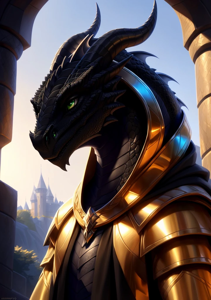 Realistic, detailed, beautiful, masterpiece, HDR, castle interior background, fantasy setting, king, ((gold armor, gold breast plate, chain mail, gold pauldrons, gold greaves, gold leg armor, wearing gold armor, black robes, black cloak, wearing black robes and cloak)) dragon, anthro, male, male body, black skin, (black scales:1.9), (two long thin horns:1.3), green eyes, detailed eyes, perfectly shaped body, confident majestic pose, finger black claws, masculine facial features, seductive gaze, neutral facial expression, black pointed ears, standing tall, out doors, daytime, close-up, portrait, face focus,
(detailed Bonifasko lighting), (detailed scales), (detailed skin), (male dragonborn), BREAK, ((long flowing tail)), ((facing viewer)), (cinematic lighting), ((detailed background)), ((portrait view)), (((close-up))), (good lighting), [backlighting], [crepuscular ray], [detailed ambient light], [gray natural lighting], [ambient light on the belly], (higher wildlife feral detail), [explict content], [sharp focus], (questionable content), (shaded), ((masterpiece)), furry dragonborn, reptilian face, furry Fantasy Art, furry Art, Commission for High Res, anthro Art, POV furry Art,Sakimichan beautiful, masterpiece, best quality, detailed image, bright colors, detailed face, perfect lighting, perfect shadows, perfect eyes, green eyes, flawless face, face focus, (masterpiece:1.21), (best quality:1.2), (illustration:1.2), (cinematic lighting:1.3), detailed scales, balanced coloring, global illumination, ray tracing, good lighting, scales, anthro, well lit 