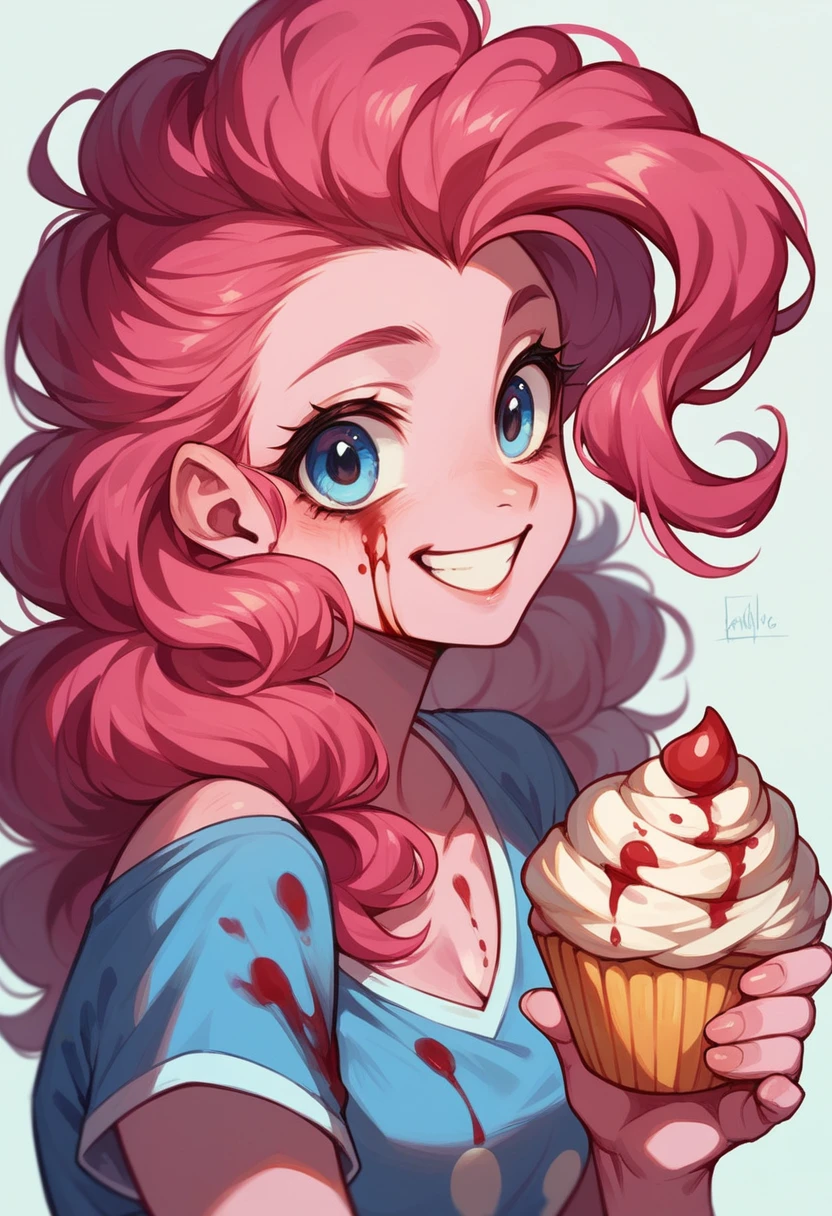 Pinkie pie, smiling, blood on her face, holding a cupcake