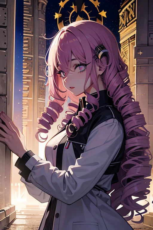 cyber punk, One girl, thin, Dressed as a cardiovascular technician, (Eyestrain Hair, Spiral Curl Hair:1.36), Faint lips, Various postures, Severe,, (freckles:0.5), (kuroko:0.3), (Skin spots, Acne, Skin blemishes, Stains, Fluff:0.3), From below , w (Star of the Arc de Triomphe:1.4), , Trending on Art Station,, spring,, evening,, Natural Hand 2-3500 Highest Quality, Beautiful and delicate lips, Delicate fingers, Detailed pupil, figure, Natural Hand 2-3500