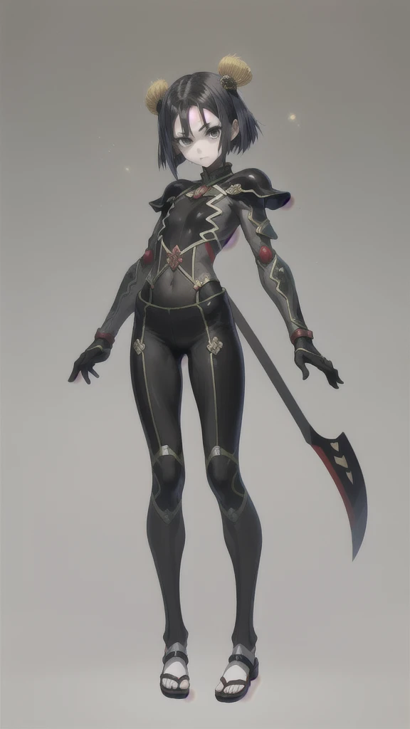 beautiful girl，Short black hair。Chest，Full body tights，slim figure，Japan Armor，Thin legs，Straw sandals，warrior，Imperial Palace of Japan