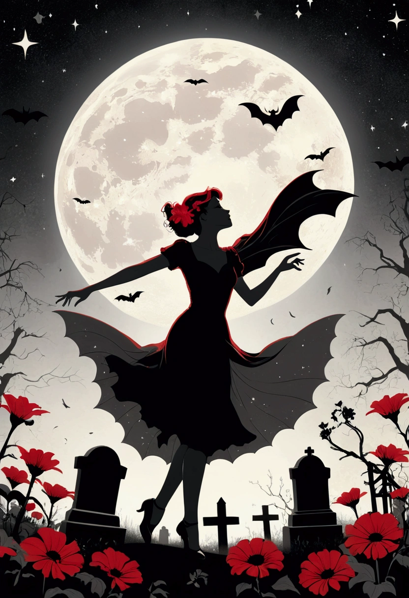 Young woman dancing in a graveyard, silhouette, vintage poster style, black, red and gray colors, bat's flying, flowers, stars and moon