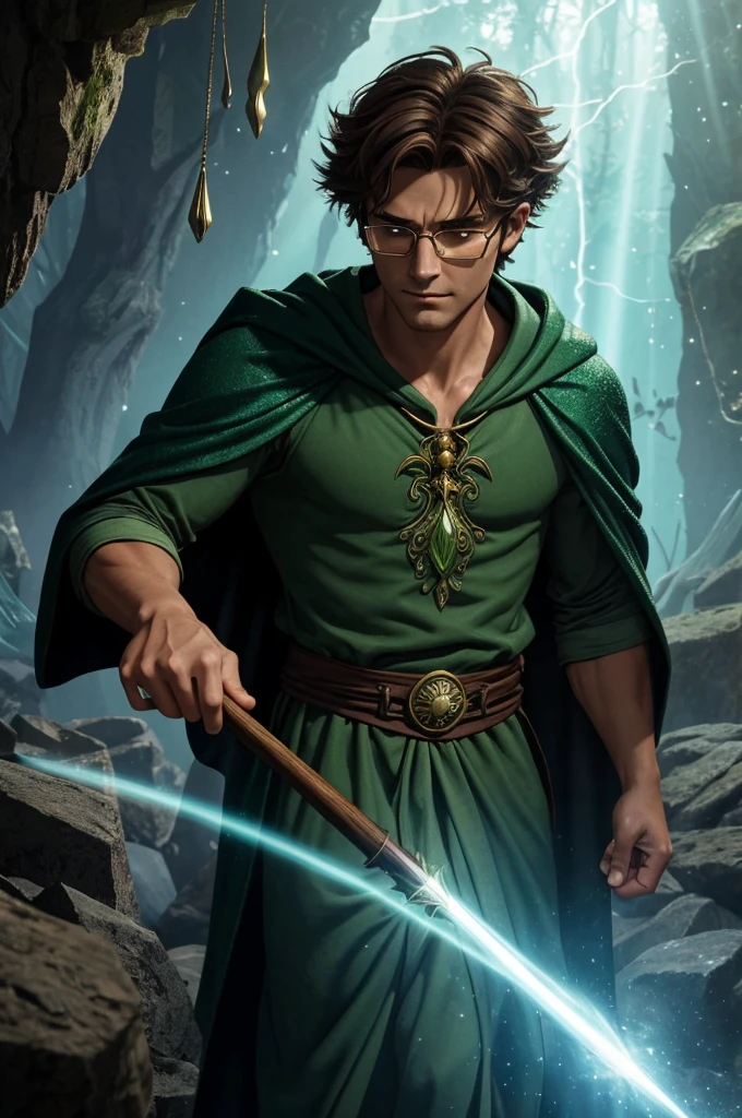 An ultra-realistic and ultra-detailed representation of the character Presto, inspired by the animated film 'Dragons' Dungeons & Dragons'. He is depicted as a young wizard, with an expression of uncertainty as he attempts to perform magic. Presto wears a dark green robe of textured fabric, with gold details that gently shimmer in the light. His pointed wizard hat, also green and slightly worn, shows realistic wrinkles and shadows falling over his face. His round glasses slightly reflect the light around him, revealing brown eyes full of nervousness and curiosity. He firmly holds a polished wooden staff, with detailed carvings and a translucent magical sphere on top, emitting a faint ethereal glow. His short brown hair is detailed with strands, and his skin has a natural texture, with slight imperfections and a touch of shine. The background is a mystical cave filled with magical effects, such as floating light particles in shades of blue, green and purple, with mystical rays of light illuminating the scene. The image has dramatic lighting that highlights the magical scene, with detailed shadows and a deep fantasy atmosphere.
