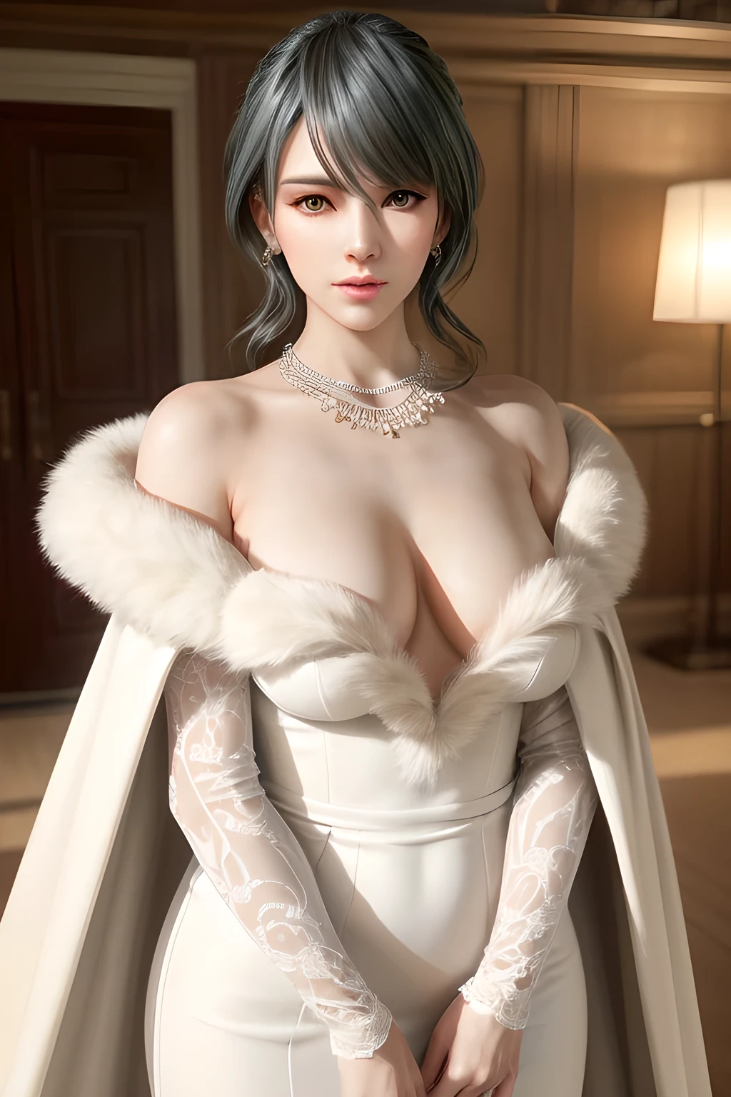 A lady with extraordinary temperament, she stands in a modern indoor space, as if she is a model from a fashion magazine. She is wearing a (pure white long fur cape), the softness and luster of which makes her look more noble under the light, and complements her (beige dress) underneath, showing her gentle temperament while maintaining a sense of fashion. The style of the dress is simple and generous, a perfect match, and it lengthens her figure, making her tall and charming. The lady's makeup is delicate and elegant, which just highlights her facial features and makes people unforgettable at first sight. Although the earrings and necklace she wears are not ostentatious, they add a bit of sophistication and nobility to her overall look. Her hair is casually draped over her shoulders, and every strand of hair exudes a natural luster,, (best quality,8k,highres,masterpiece:1.2),ultra-detailed,(realistic,photorealistic,photo-realistic:1.37),studio lighting,ultra-fine painting,sharp focus,physically-based rendering,extreme detail description,professional,vivid colors