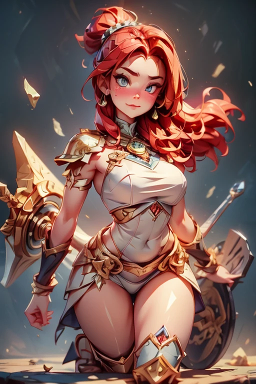 A tall busty woman wearing gleaming plate armor. Her skin is fair and unblemished, except for a few small scars. She has fiery red hair, cropped short in a practical style, and piercing blue eyes filled with wisdom and determination. The armor covers every inch of her body, leaving only her hands and face exposed, and is adorned with intricate etchings and filigree. On her chest, the symbol of Torm - a hammer surrounded by a circle - is prominently displayed. She moves with surprising agility and precision, radiating strength and grace;masterpiece; intrinsic details; 8k; UHD