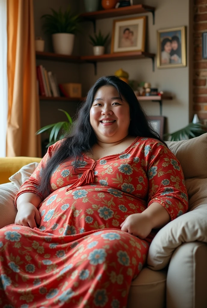 A very obese and fat Asian woman, she is the fattest woman on the planet weighing 700kg, has white skin and long black hair, she has huge breasts, she is at her home. 