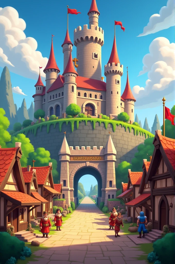 castles ( village center 13,14,15 and 16 ) , in the background a castle , in the central part written alliance of the 6 kingdoms below it the Clash of Clans logo