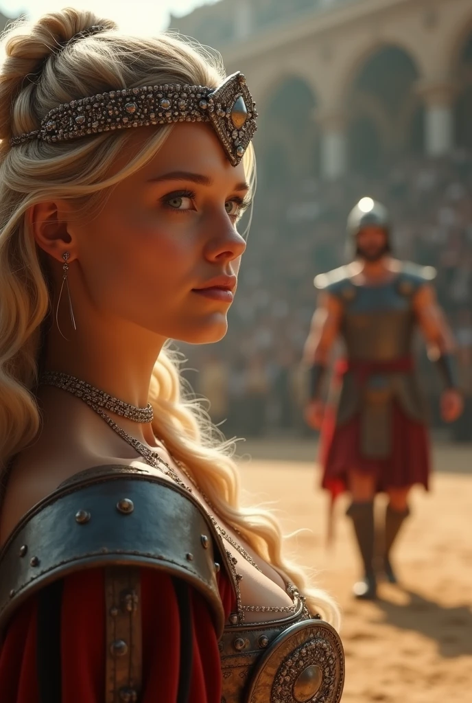 Magnificent detail, 8K Photos, hyper- realism, realistic background, visual depth, wide angle lens, professional light, all-body. {The scene shows a natural blonde princess of 25 years old, delicious, focused on the background of the photo, watching, sexually attracted to a gladiator, comely, stark, virile male who is in front of the photo, more blurred} {The Princess is dressed in traditional clothes of a princess from the medieval era and a small traditional princess crown made of silver and with precious stones.. His expression is one of sexual arousal} {the gladiator wears traditional medieval gladiator armor, with your face, visible arms and legs. The arms and legs are muscular}. The gladiator is exiting an arena where he just won a duel. The princess's clothes allow you to perceive the curves in her delicate body.