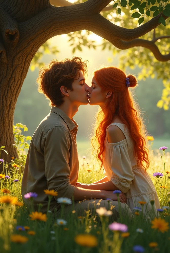 A young man kissing a young redheaded girl under a tree. 