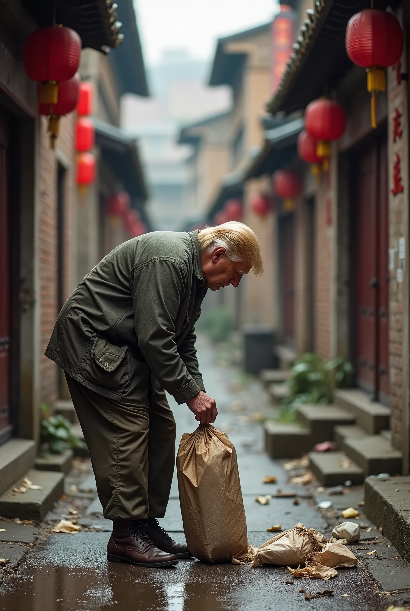 close up,best quality,masterpiece,President Trump is picking up trash in a hutong in Beijing.,Wearing torn clothes,In the alley