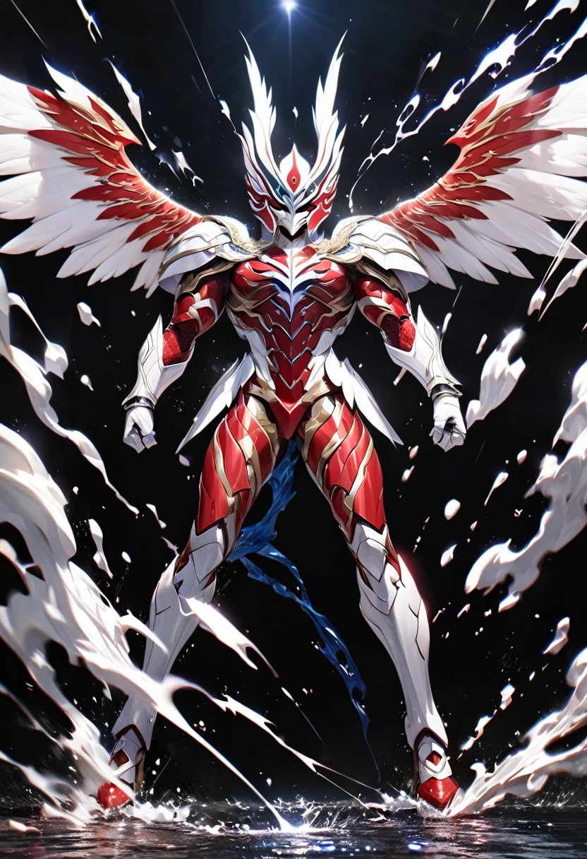 Ultra realistic, high detail,Full body view, far view, symetrical,absurdres, highres, ultra detailed, HDR, masterpiece, extremely detailed face and eyes,,,red and white saint Seiya knight , epic eagle garuda mask, cool wings,  , solo, man, handsome, ,, , Epic fight scene, black splashing effect,black lightning effect,glowing glitters, explosive effect