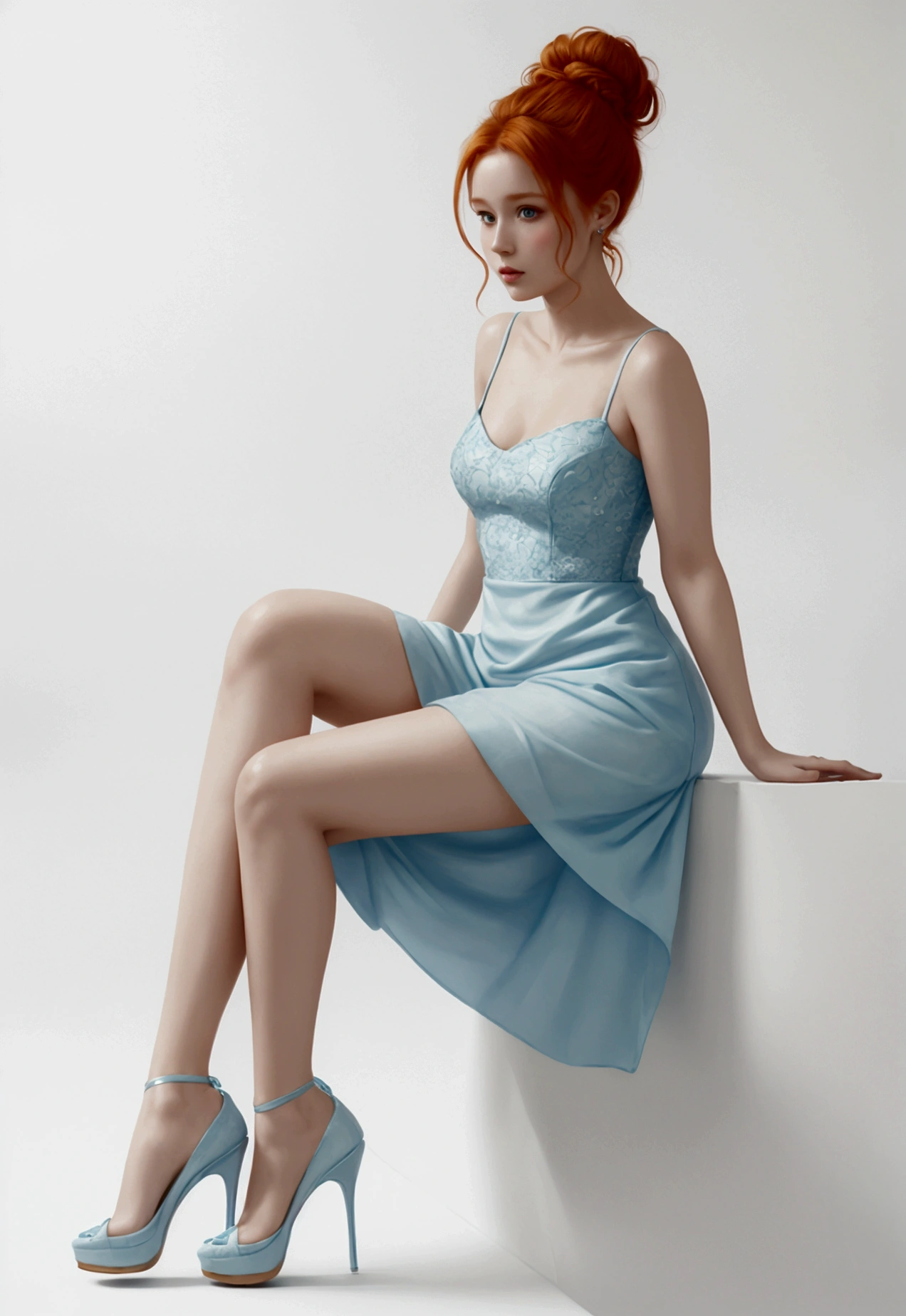 Radiant woman, with captivating ginger hair, bun, messy, adorned in a pastel blue short dress and high heel shoes, on a completely white background, full-length portrait, digital painting, simple but elegant, high-intensity lighting, rich texture, detailed fabric complexity, ultra clear.