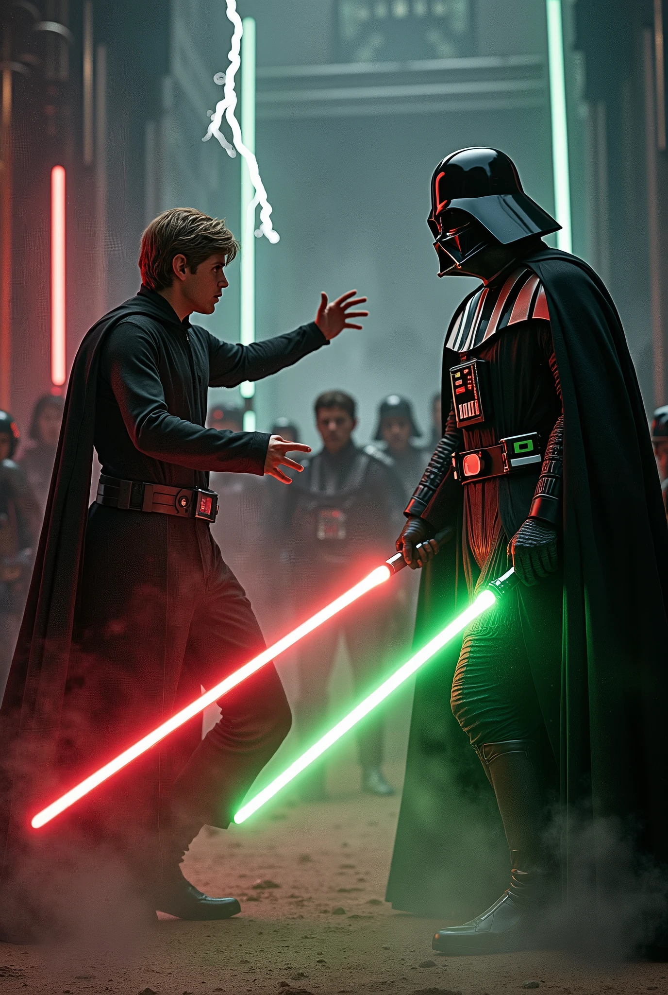 Darth Vader and Luke Skywalker are allies。enemy Darth Sidious with his red lightsaber。Darth Sidious is firing Force lightning from left to right。Darth Vader is fighting、Luke Skywalker is blocking the Force lightning with his green lightsaber。