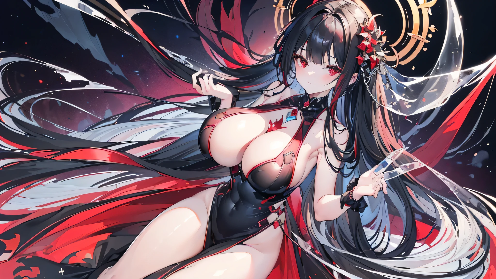 Exquisite eyes),(Clear and beautiful eyes:1.61),masterpiece, ung girl,(Black clothes and some red gems), Black long hair, (She has a huge red gem on her chest), Good Hand,((The Havoc of StarCraft)),full-body shot,Fighting Stance,(Red Eyes:1.466),short and small,(Very big breasts:1.35),(Pretty Face),(full-body shot:1.33),Beautiful hands