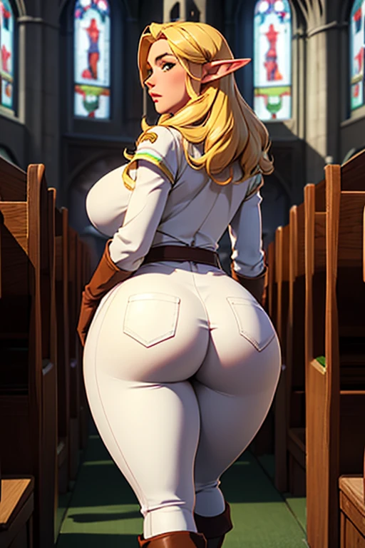 Solo elf girl, big fat juicy ass, widest hips, slim waist, thick supple thighs, blonde curled hair, back shot, elven ranger clothes, tight white trouser, brown leather boots, brown leather gloves, cathedral + pews, huge mommy milkers