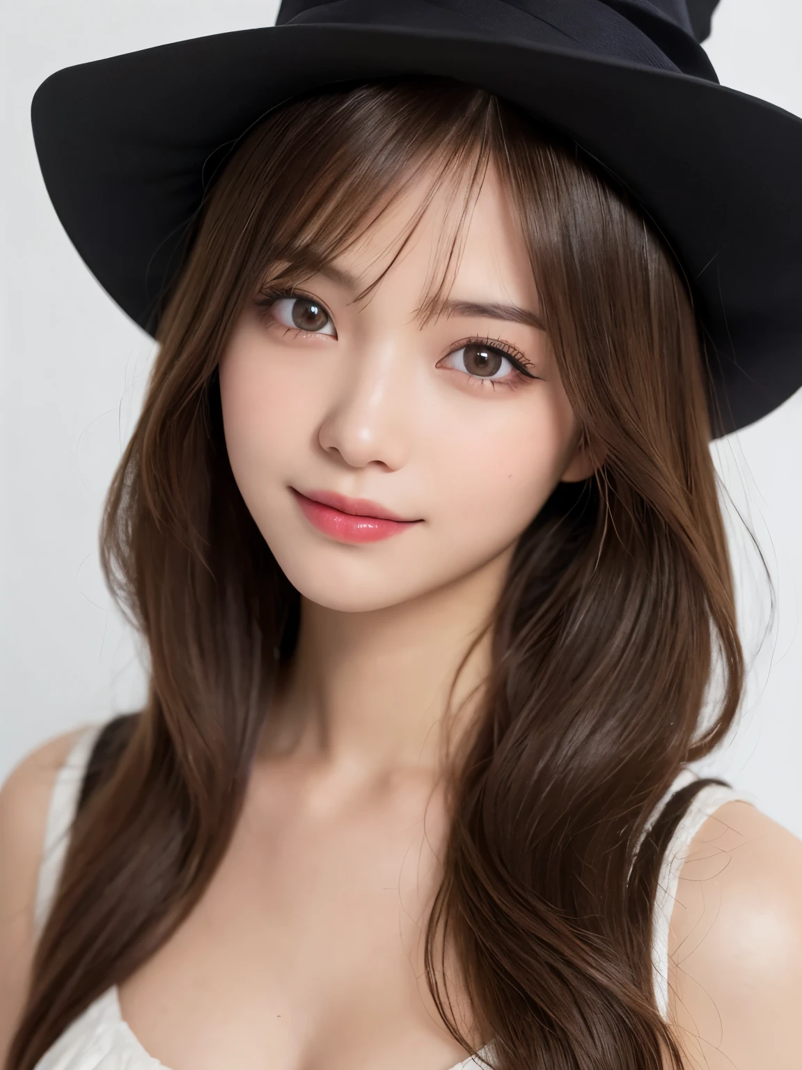 white background, half body portrait, bust shot, looks happy, gentle smile, one girl, (a beauty girl, delicate girl:1.3), (20 years old:1.3), break, (witch costume, Witch hat, Witch clothes), break, very fine eyes, (symmetrical eyes:1.3), break, F cup breasts, brown eyes, parted bangs, brown hair, (smile), break, (eyes and faces with detailed:1.0), break, (masterpiece, best quality, ultra detailed, detailed face, 8k)