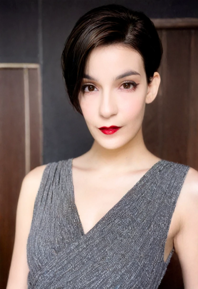 Young Beautiful woman, (Dark shaved pixie faded haircut), right side hard hair part, Flowing sleeveless Dress, (close-up, editorial photograph), [[Wide-angle photo]], (background inside dark, moody, private study:1.3), full body portrait, by lee jeffries, nikon d850, film stock photograph, 4 kodak portra 400, camera f1.6 lens, rich colors, hyper realistic, lifelike texture, dramatic lighting, cinestill 800, eye contact, faint smile, 1920s style, , soft makeup, Dark Hazel eyes, Eye contact, young woman
