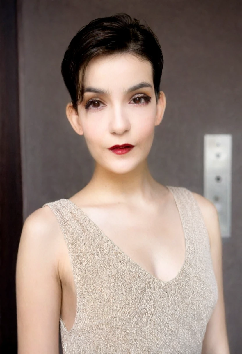 Young Beautiful woman, (Dark shaved pixie faded haircut), right side hard hair part, Flowing sleeveless Dress, (close-up, editorial photograph), [[Wide-angle photo]], (background inside dark, moody, private study:1.3), full body portrait, by lee jeffries, nikon d850, film stock photograph, 4 kodak portra 400, camera f1.6 lens, rich colors, hyper realistic, lifelike texture, dramatic lighting, cinestill 800, eye contact, faint smile, 1920s style, , soft makeup, Dark Hazel eyes, Eye contact, young woman
