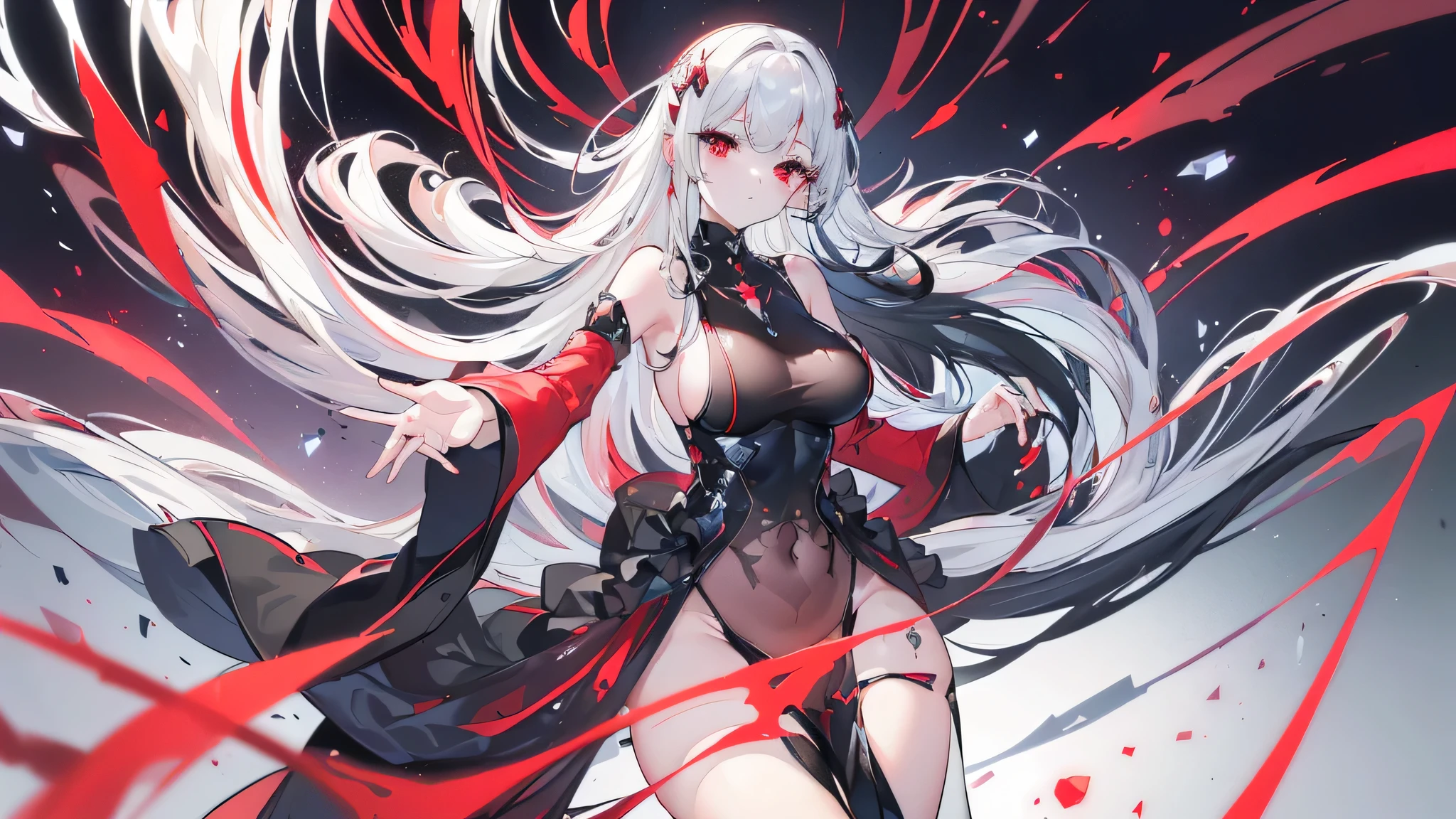 Exquisite eyes),(Clear and beautiful eyes:1.61),masterpiece, ung girl,(Black clothes and some red gems), Black long hair, (She has a huge red gem on her chest), Good Hand,((The Havoc of StarCraft)),full-body shot,Fighting Stance,(Red Eyes:1.466),short and small,(Very big breasts:1.35),(Pretty Face),(full-body shot:1.33),Beautiful hands