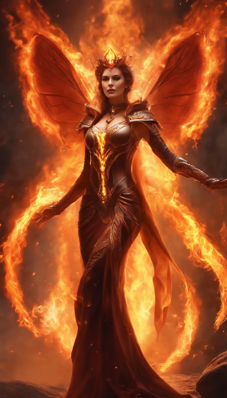 an image of a lady with fire coming out of her body, the butterfly goddess of fire, appears as the fire goddess, fire elemental, lava and fire goddess, evil steampunk pyromancer woman, cybernetic flame armor, goddess of fire, the fire goddess, an concept art of the tau queen, the fire queen, of a beautiful female warframe