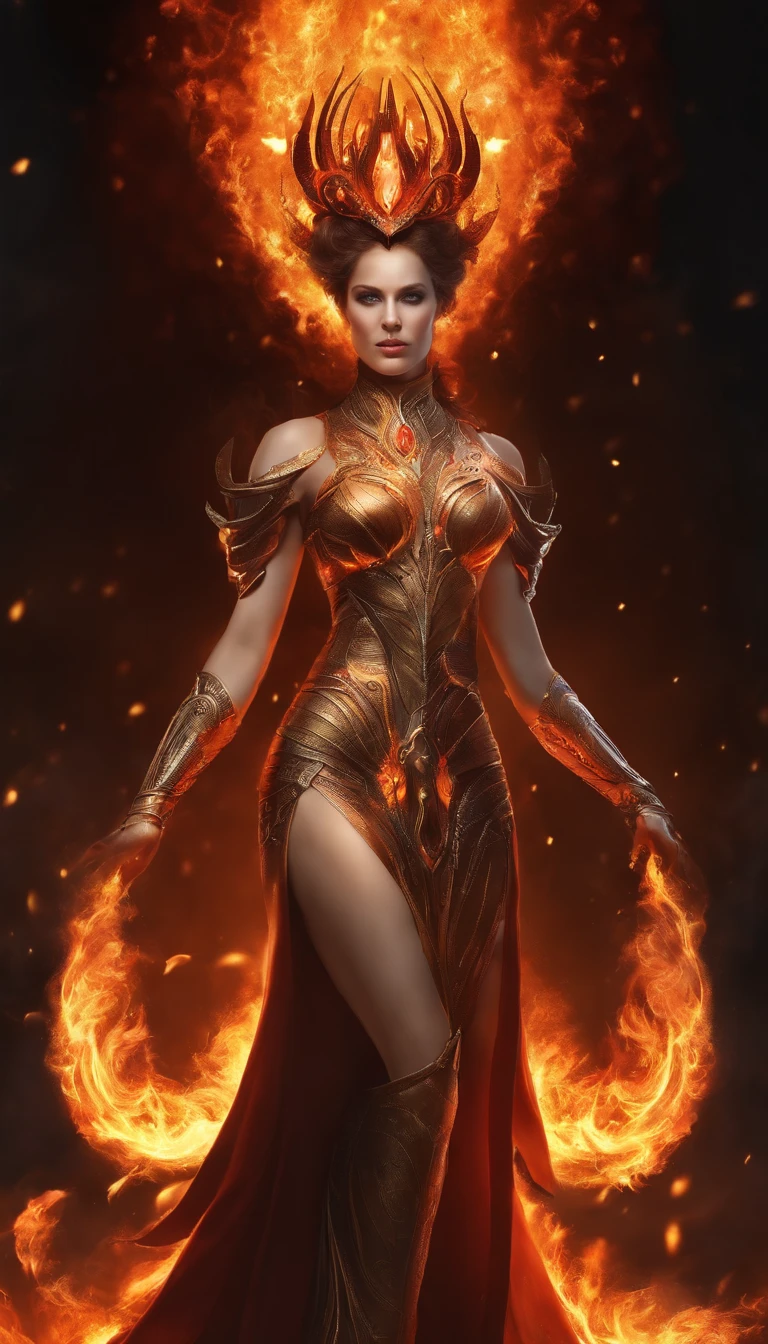 an image of a lady with fire coming out of her body, the butterfly goddess of fire, appears as the fire goddess, fire elemental, lava and fire goddess, evil steampunk pyromancer woman, cybernetic flame armor, goddess of fire, the fire goddess, an concept art of the tau queen, the fire queen, of a beautiful female warframe