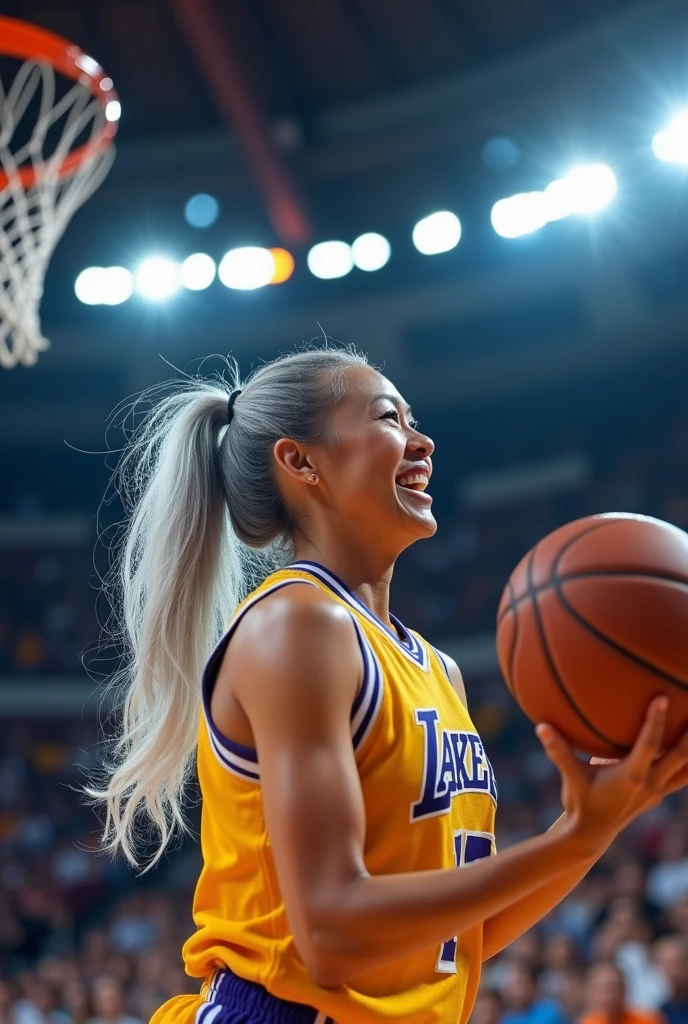A beautiful youthful looking white Asian women as a 50 years old woman with very long hair completely gray hair in a 90s ponytail as a retired
NBA player wearing her old NBA jersey shooting the ball in the basket in a nba stadium she is smiling for the camera
