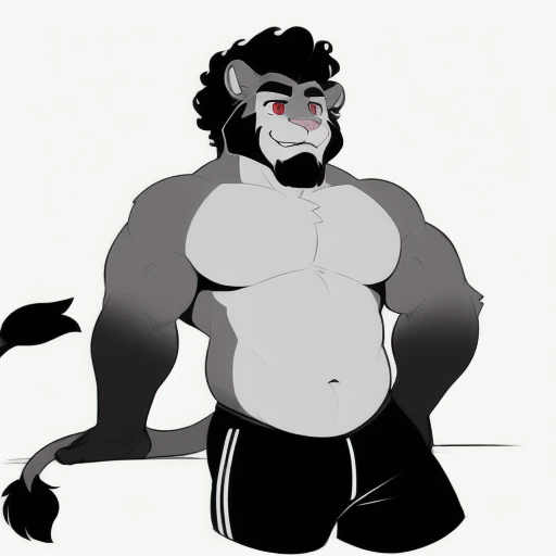 (Masterpiece: 1.2, highest quality), (intricate details), male, 1 guy, Solo, Upper body, Casual, (short hair), lion, (hair, snout), small round lion ears, light pink nose, crooked mouth, smiling, detailed face, (large cartoon eyes, perfectly circular eyes), red pupils, detailed fluffy fur, (((short super straight swept-back hair, short jagged pointy hair, short slicked back hair, extremely short beard, curly beard, puffy frizzy goatee, widows peak))), ((((short hair tied low, long scruffy sidelocks)))), relaxed body, digital art, natural lighting, sweaty, (((soft muscular arms, soft perfectly-round chubby torso, soft body, tall pecs, very tall pectoral region, very short abdominal region, perfectly round chest, wide body, smooth bare chest, small gap between pecs))), white stomach, beard, ((short dark grey hair, short dark hair, thick jagged eyebrows, light grey body, gray body)), pale underbelly, white counter-shaded torso and mouth, throbbing, (((white background))), (black faded ashen boxerbriefs, monochrome black trunks), pastel light blue towel on his shoulder, red phone, lion tail, (navel toward the bottom, vertical bellybutton), thin legs, narrow calves
