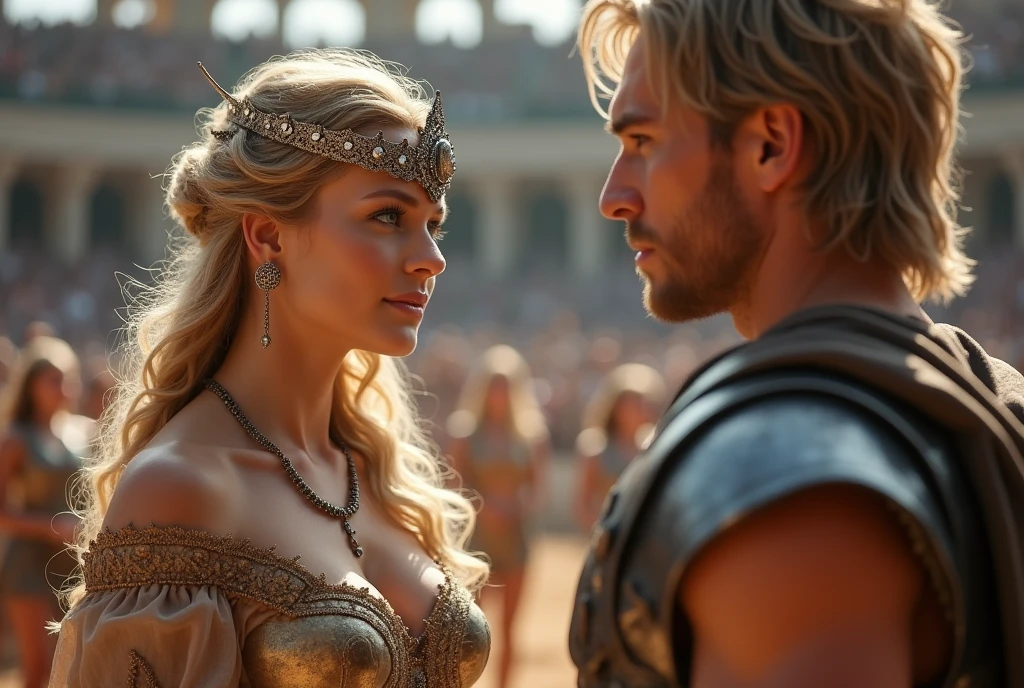 Magnificent detail, 8K Photos, hyper- realism, realistic background, visual depth, wide angle lens, professional light, all-body. {The scene shows a natural blonde princess of 25 years old, delicious, focused on the background of the photo, looking sexually attracted at a gladiator, comely, stark, virile male who is in front of the photo, more blurred} {The Princess is dressed in traditional clothes of a princess from the medieval era and a small traditional princess crown made of silver and with precious stones.. His expression is one of sexual arousal} {the gladiator wears traditional medieval gladiator armor, with your face, visible arms and legs. The arms and legs are muscular}. The gladiator is exiting an arena where he just won a duel. The princess's clothes allow you to perceive the curves in her delicate body.