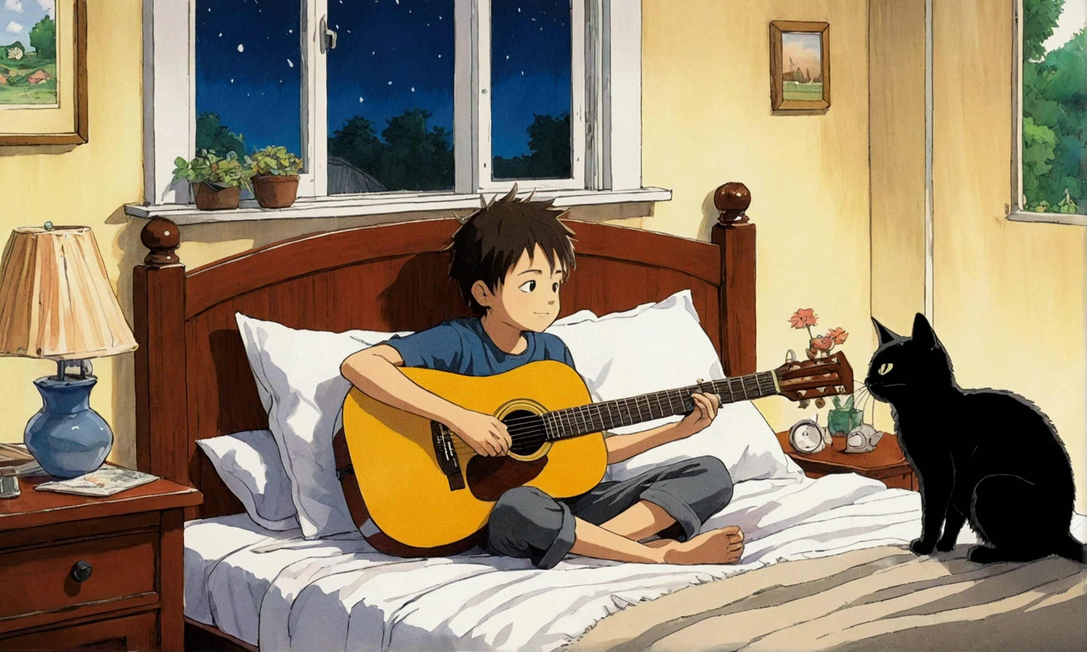 Picture drawn with crayon, A boy sits playing a guitar on the bed with a small black cat lying next to him 、anime Ghibli style、My Neighbor Totoro Scenery