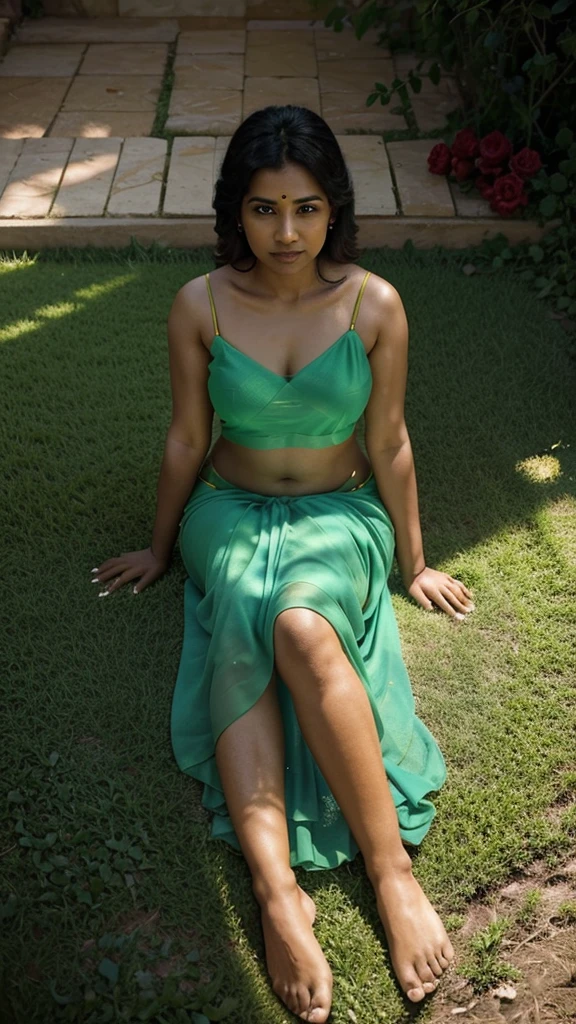 Garden scene, top view, A radiant, South Indian 35 year old aunty a rose chiffon saree, sitting the floor on her knees, a man standing next to her, captured in a full-body image with vibrant hues and meticulous details. Full body image