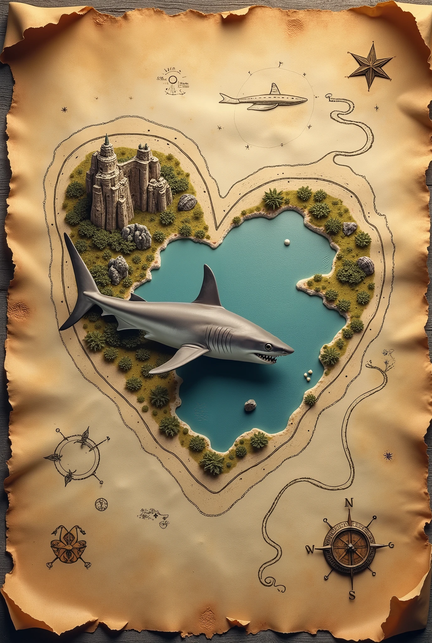 Create a photorealistic image of an ancient treasure map with details like aged parchment, frayed edges, and signs of wear. Instead of the traditional red "X" marking the treasure spot, replace it with a detailed, realistic image of a shark. The shark should be integrated into the map, perhaps positioned in a strategic area like an island or a distinct geographical feature. Add additional elements like trails and nautical symbols to enhance the authenticity and charm of the map.