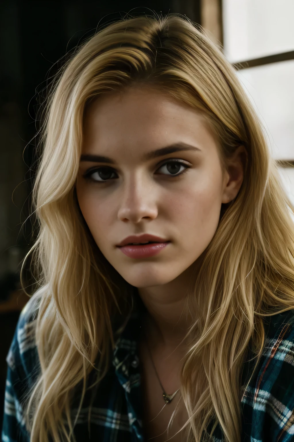 women pictures, (troubled expression), rough skin, I get goosebumps, blonde afro hair, Plaid flannel shirt and distressed boyfriend jeans, Unique indoor, perfect eyes, (chiaroscuro), 160 color holder, Taken with ARRI ALEXA 65, Bokeh, sharply focus on the subject, 